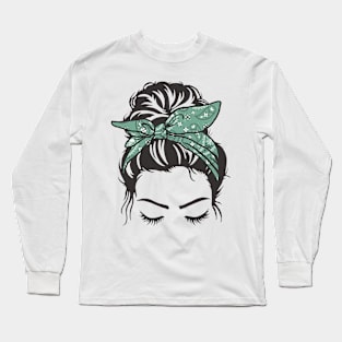 Messy Bun Girl Green Paisley Bandana Long Sleeve T-Shirt